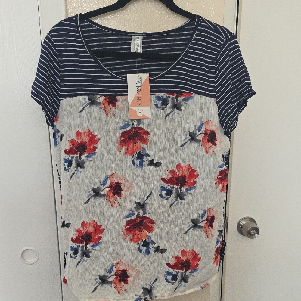 Honey and Lace Navy Striped Floral Tee